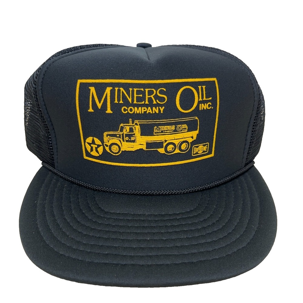 Vintage Miners Oil Trucker Hat Cap Snapback Black Yellow Tanker Trucking 90s